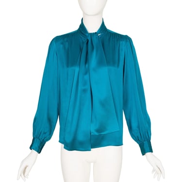 Yves Saint Laurent 1980s Vintage Teal Silk Tie-Neck Long Sleeve Blouse 