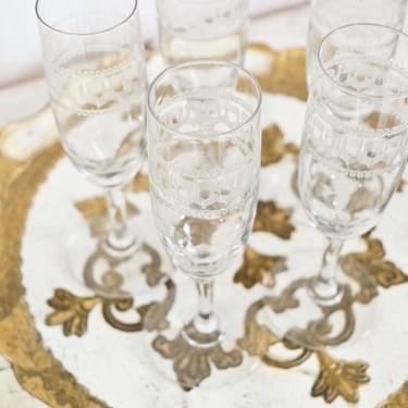Antique French etched crystal champagne glasses, set of 5