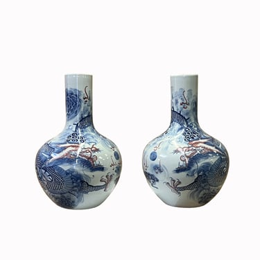 Pair Chinese Red Blue White Porcelain Dragon Cloud Vases ws2573E 
