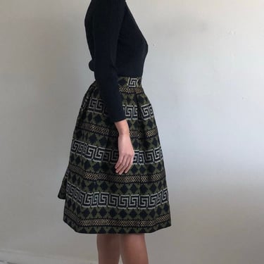 50s wool skirt / woven wool dirndl pleated skirt / olive + black + gold woven wool greek key print blanket skirt | 24 waist 