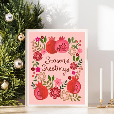 Season's Greetings Floral Art Print/ 8X10 Pomegranates and Flowers Holiday Illustration/ Christmas Mantle or Wall Decor 