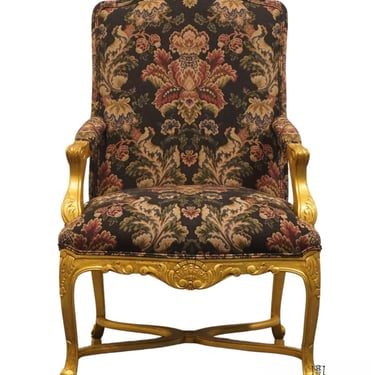 HENREDON FURNITURE Louis XV French Provincial Floral Upholstered Accent Arm Chair w. Gold Painted Frame 