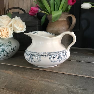 1920s French Faïence Pitcher, Jug, Terra De Fer, Indigo Blue Floral Faience, Earthenware, French Farmhouse Cuisine, Art Deco, Damaged 