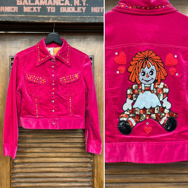 Vintage 1960’s Pink Velvet Mod Raggedy Ann Design Cropped Jacket, 60’s Trucker Jacket, Vintage Rhinestone, Vintage Clothing 