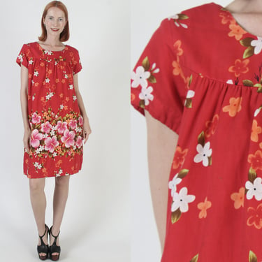 60's Ui Maikai Hawaiian Floral Dress Bright Luau Print Tiki Sundress Loose Fitting Tropical Beach Outfit 