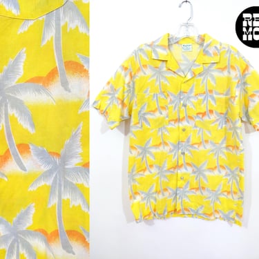 Novelty Tropicana Label Vintage 70s 80s Yellow Gray Palm Tree Tropical Shirt 