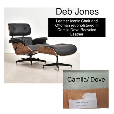 Iconic Lounge Chair and Ottoman reupholstered in Camila Dove Recycled Leather