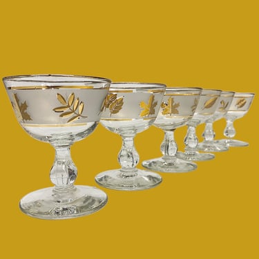 Vintage Champagne Glasses 1960s Retro Mid Century Modern + Libbey + Starlyte + Frosted Glass + Gold Leaf Print + Set of 6 + MCM Coupe Glass 
