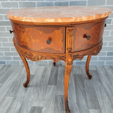 Antique Victorian Round Carved Inlaid Side Table with Pink Marble Top and Two Drawers