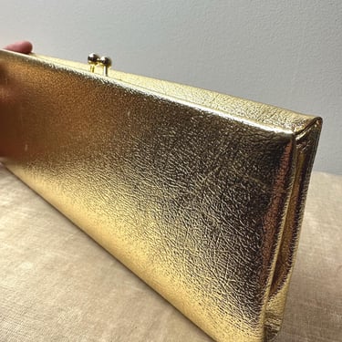 60’s long Shiny Gold Clutch purse~ sleek rectangular textured vinyl type hard shell evening bag/ hand held 1960s mod style 