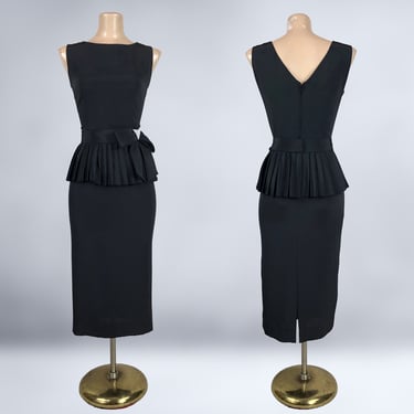 VINTAGE 80s does 50s Black Curvy Peplum Dress with Rhinestone Accents by Warren Petites | 1980s 1950s New Look Wiggle Cocktail Dress | VFG 