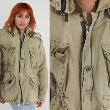 80s Military Jacket Army Commando Cargo Distressed Faded Field Jacket Grunge Zip Up Olive Drab Green Jacket 1990s Hood Small Medium 