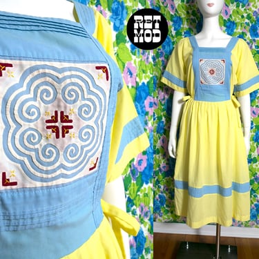 So Pretty Vintage 70s Pastel Yellow & Blue Quilted Cotton Boho Dress 