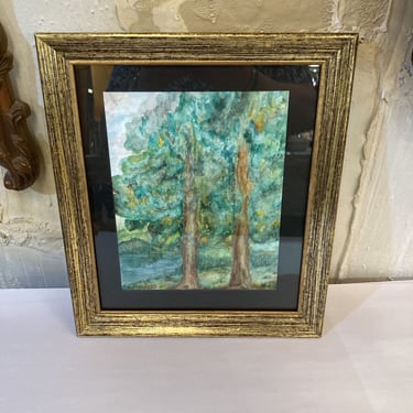 Watercolor trees in gold frame, signed (12x14 in)