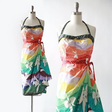 Rainbow Hawaiian dress | Vintage 50s Hawaiian sarong dress | 1950s Tropical floral Sarong dress 