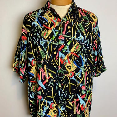 Vintage 80s/90s Men’s Work Tools Print Black Rayon Shirt Size Medium 