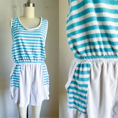 Vintage 1980s Blue & White Striped Terry Cloth Romper / M 