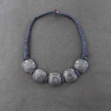 Chunky gray necklace, ceramic porcelain stone necklace, African necklace, rustic necklace, ethnic necklace, mid century modern necklace 