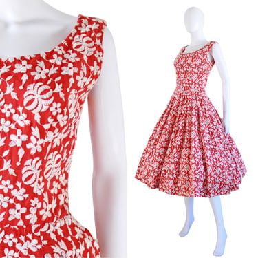 1950s Anne Fogarty Red  and White Embroidered Fit & Flare Dress - 1950s Anne Fogarty Dress - 1950s Red Party Dress - 50s Dress  | Size Small 