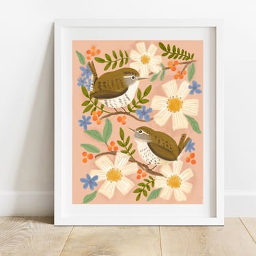 Wrens With Botanicals 8 X 10 Art Print/ Animal Illustration/ Small Birds With Flowers Wall Decor/ Woodland Wall Art 