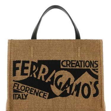 Salvatore Ferragamo Woman Camel Raffia Small Tt Sign Shopping Bag