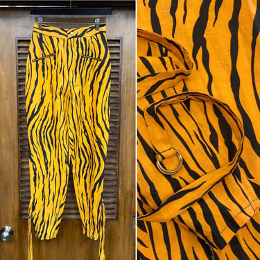 Vintage 1980’s -Deadstock- w26 Tiger Stripe New Wave Rocker Pants with Zipper & Buckle Details, 80’s Vintage Clothing 