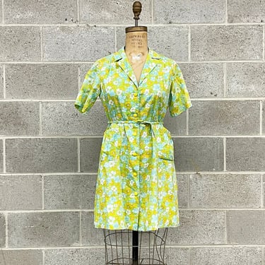 Vintage Dress Retro 1960s Feed Sack + House Dress + Floral Print + Cotton + Light Green + Mini + Day Dress + Womens Apparel 