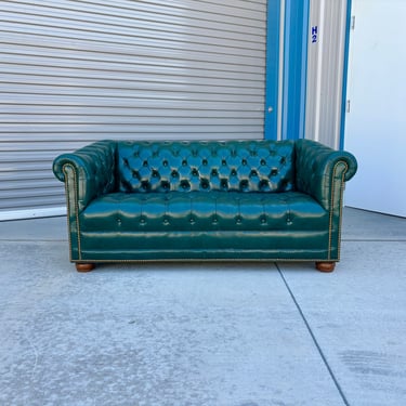 1960s Vintage Green Leather Chesterfield Loveseat 