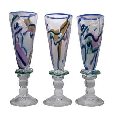 Contemporary Postmodern Set of 3 Swirled Design Studio Art Glass Goblets Signed 