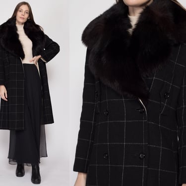 Sm-Med 70s Galanos Designer Wool Fur Collar Overcoat | Vintage Grid Pattern Double Breasted Winter Blanket Jacket 