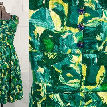 Vintage Italian Cocktail Dress Blue Green Paintbrush Print Party Twiggy Sleeveless Made in Italy XS Small 1950s 1960s 