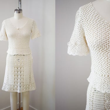 VIntage 1970s Cotton Crochet Dress Set | XS | 1930s Inspired 70s Hand Crocheted Blouse and Skirt 