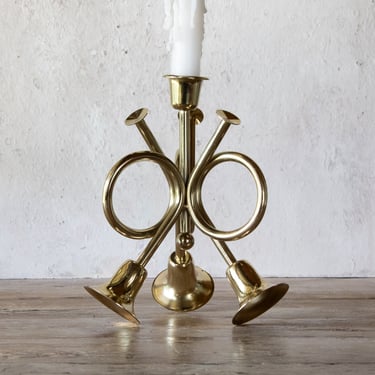 Triple French Horn Candle Holder, Vintage Solid Brass Trumpet Trio Candlestick for Taper Candle 
