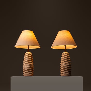 Set of Two (2) Mid-Century Modern Ceramic Table Lamps w/ Walnut Necks, USA, c. 1960's 