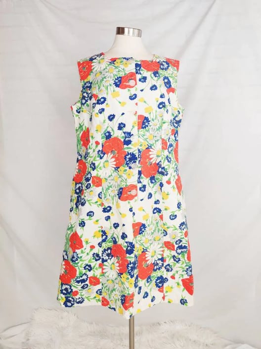 Vintage 60s Shaker Square Cotton Floral Sheath Dress XXL // Button-Up Princess Seams 