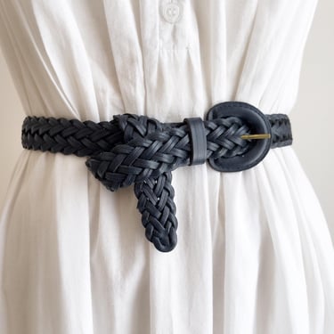 navy braided leather belt 80s 90s vintage dark blue woven belt 