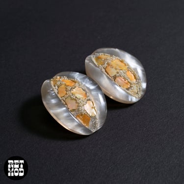 Unique Vintage 50s 60s Pearly Mosaic Style Oval Clip-On Earrings 
