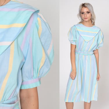 Pastel Striped Dress 80s Puff Sleeve Midi Striped Kawaii Puffy High Waisted Belted Vintage Button Shoulder Aqua Blue Blouson Small S 