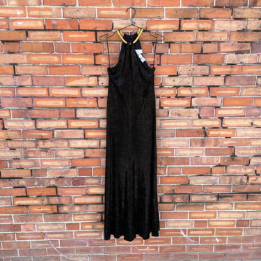 vintage 90s black velvet mosaic maxi dress gown with gold choker / s small 
