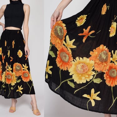 One Size 90s Boho Sunflower Floral Broomstick Skirt | Vintage Black Gauzy Rayon Made In India Hippie Festival Maxi Skirt 