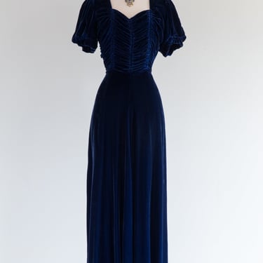 Elegant 1930's Blue Silk Velvet Evening Gown / ML
