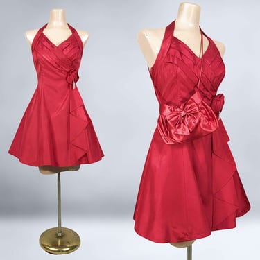 VINTAGE 80s 90s Mini Crinoline Halter Dress and Purse by Paris Sport Club Sz 3 | 1980s 1990s Red Sweetheart Party Prom Dress | VFG 