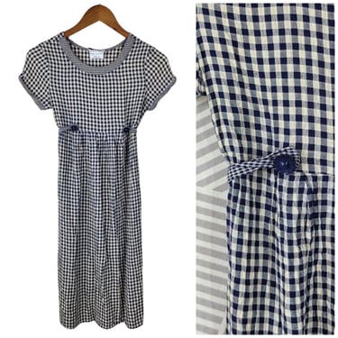 Vintage 90s Amy Byer Blue Gingham Dress Girls Size 16 Long Pleated Tie Waist 