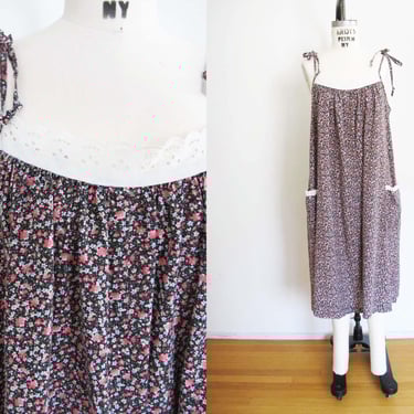 Vintage 70s Tie Shoulder Mumu Sundress One Size Fits Many - 1970s Black Pink Floral Cottage Boho Loose Fit Cotton Dress 