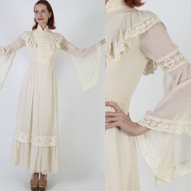 Candi Jones Angel Kimono Sleeve Dress, Wide Sheer Lace Bell Maxi Gown, Vintage 70s Cream Monochrome Avant Garde Outfit 