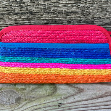vintage rainbow clutch purse 1970s striped jute primary handbag 