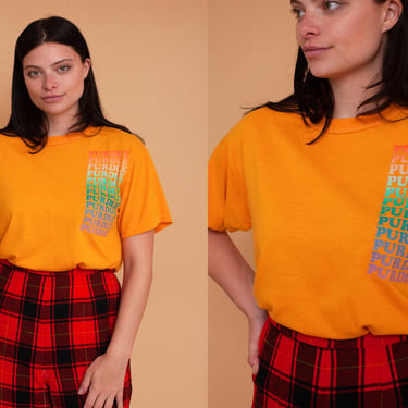 Vintage 80s Purdue Rainbow Graphic Print Tee / Single Stitch Tshirt / Retro Collegiate Wear 