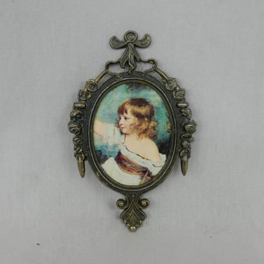 60s Small Ornate Italian Metal Frame - Oval Print of Young Girl - Made in Italy - Vintage 1960s - 6.5
