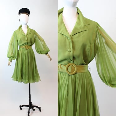 1960s MISS ELLIETTE olive balloon sleeves dress medium | new fall winter 