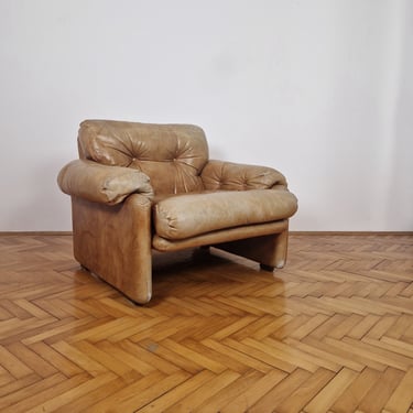 Vintage Light Brown Leather Armchair by Afra and Tobia Scarpa  for B&B Italy / Retro Lounge Chair / Italian Design / 1970s 